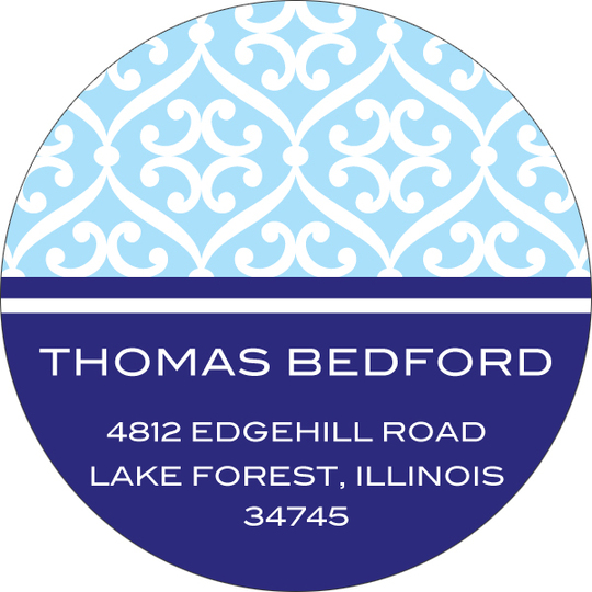 Light Blue and Navy Stylish Pattern Round Address Labels